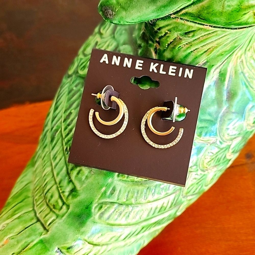 Anne Klein Gold Tone Small Pavé Double Row Hoop Earrings 0.75" Crystals Jewelry